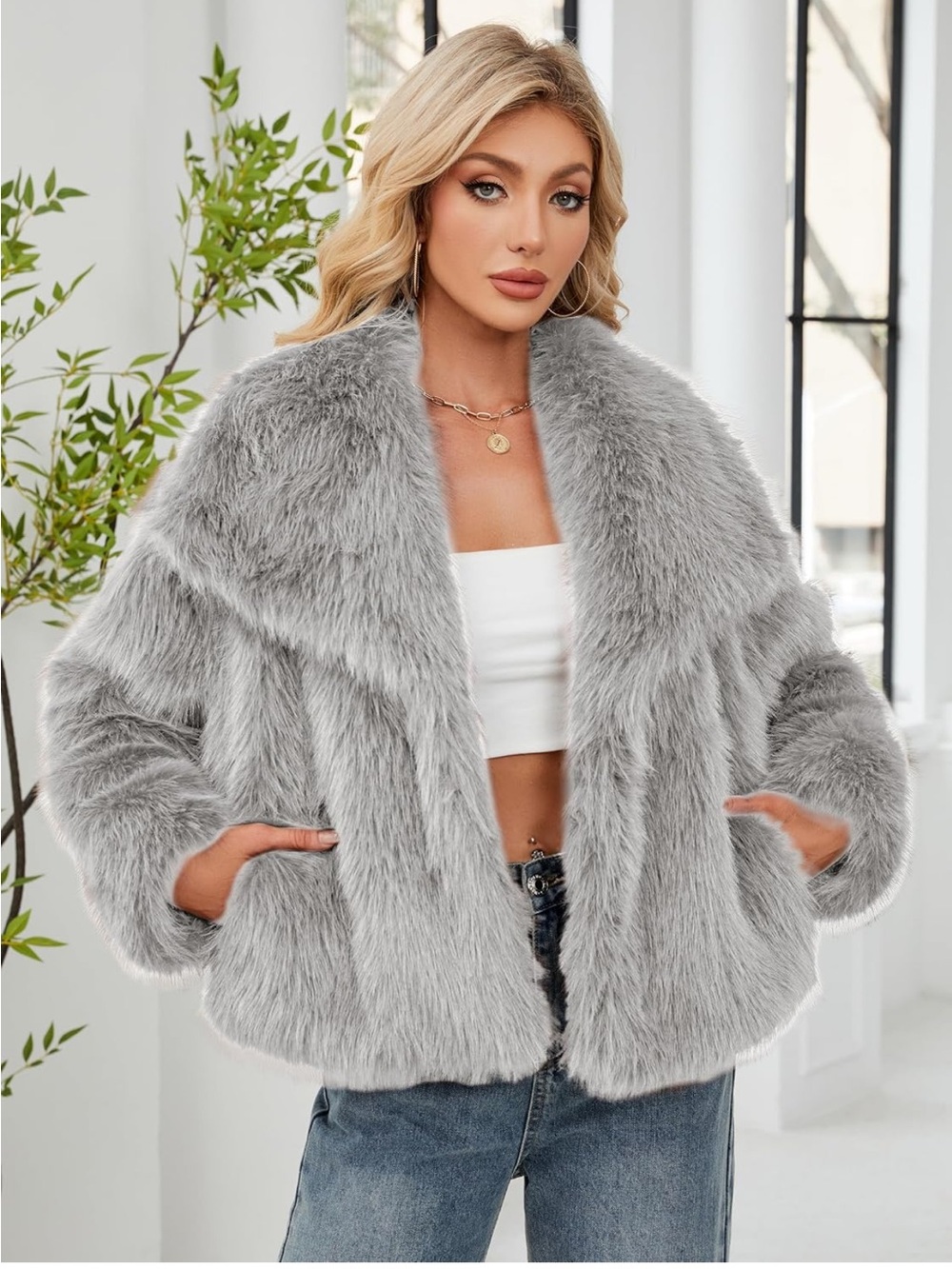 Simplee Apparel Light Grey Faux Fur Teddy Coat
